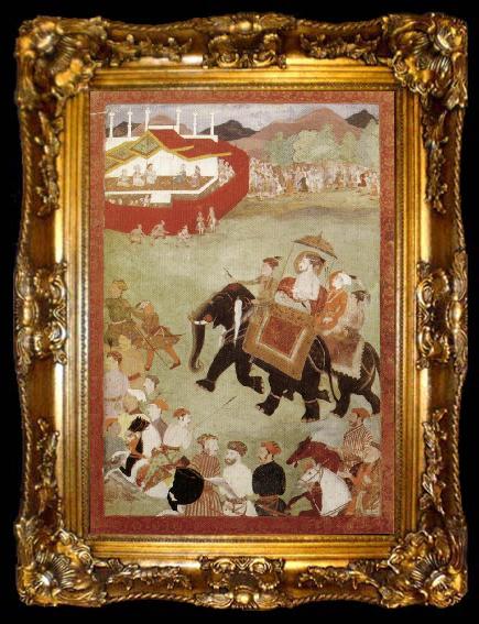 framed  unknow artist Shah Jahan Riding on an Elephant Accompanied by His Son Dara Shukoh Mughal, ta009-2
